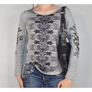 Y2K Tattoo Print Long Sleeve Top Grey Small